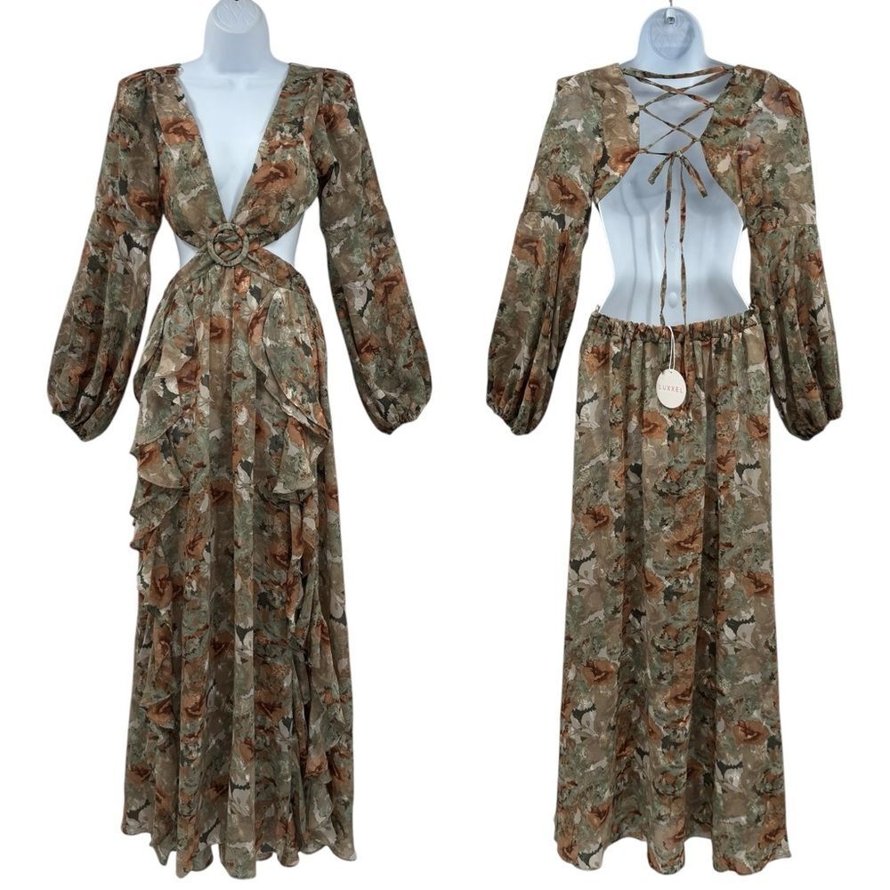 Luxxel Cut-Out Chiffon Ruffle Trim Maxi Dress Sz. L